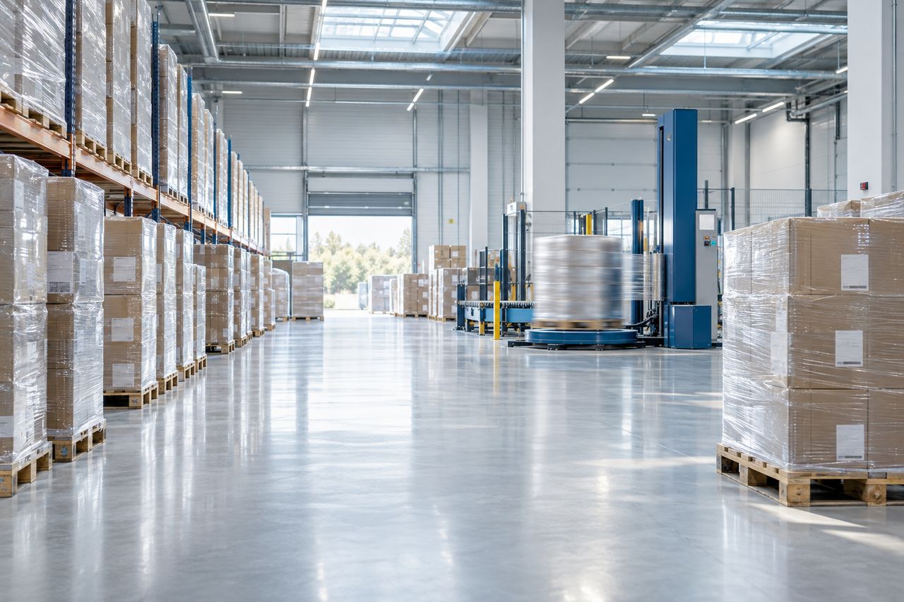 Cajas de suministros industriales agrupadas y protegidas sobre palets